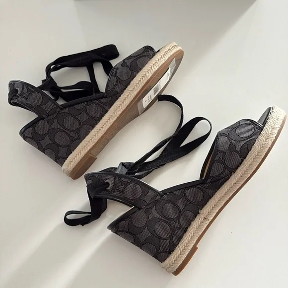 7.5B Coach Black Wedge Sandals Patrice Sig Espdrill Black/Smoke/Coal Box incl’d - Picture 7 of 14